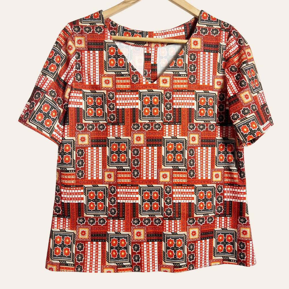70’s Vintage Red Patchwork Print Short Sleeve V-Neck Top Size L